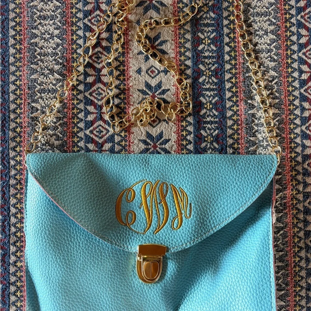 Light Blue Monogrammed Marley Lilly Elegant Blue Removable Chain Clutch Purse